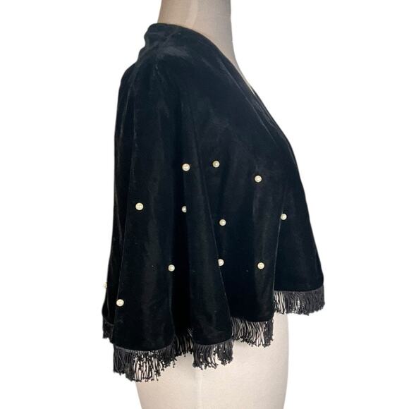 Black Velvet Shawl with Pearl Embellishments and Tassel Fringe Satin Inside O/S - Picture 4 of 8
